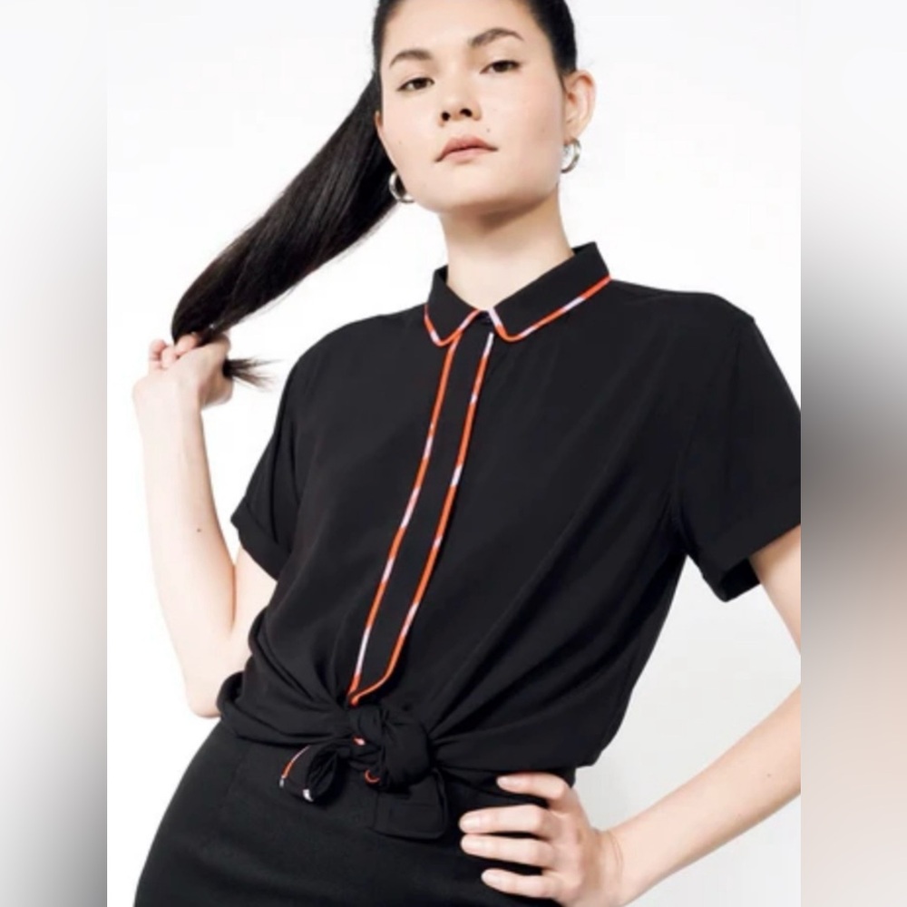 Wildfang The Empower Piped Short Sleeve Button Up Shirt Black Red Size Medium